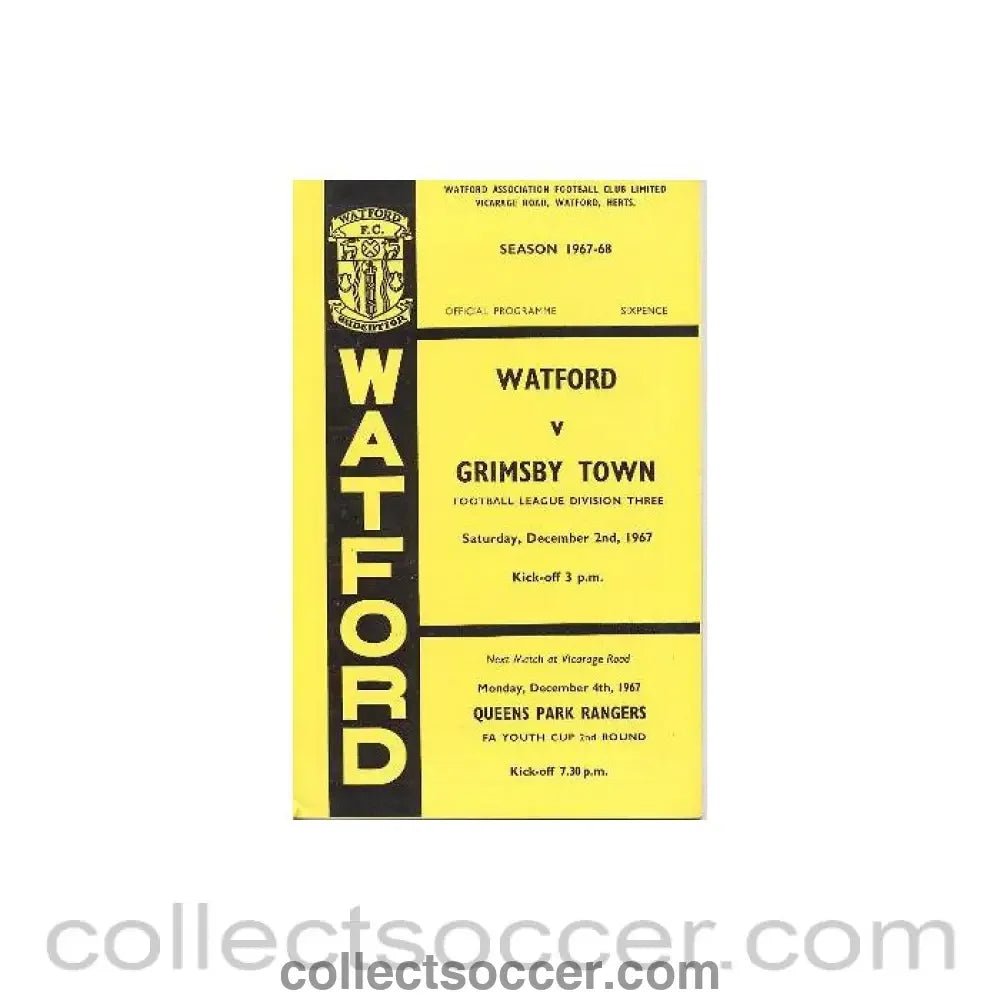 1967 - Watford v Grimsby Town official programme 02/12/1967 Football League - Collect Soccer