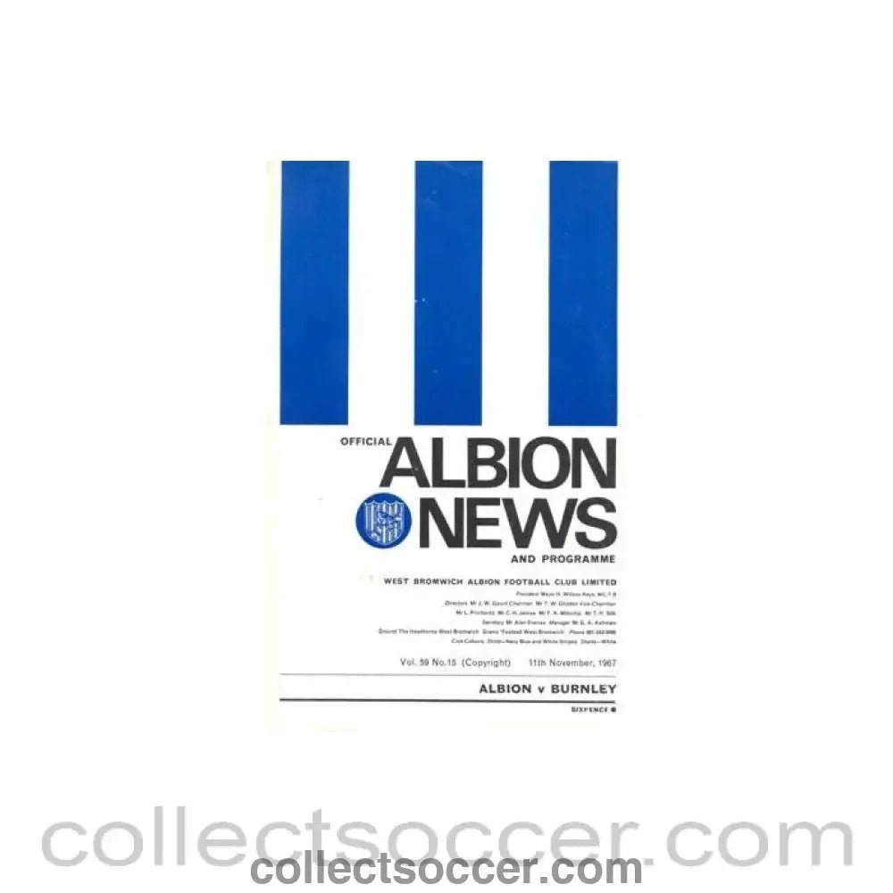 1967 - West Bromwich Albion v Burnley official programme 11/11/1967 Football League - Collect Soccer