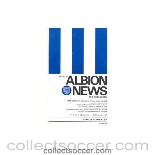 1967 - West Bromwich Albion v Burnley official programme 11/11/1967 Football League - Collect Soccer