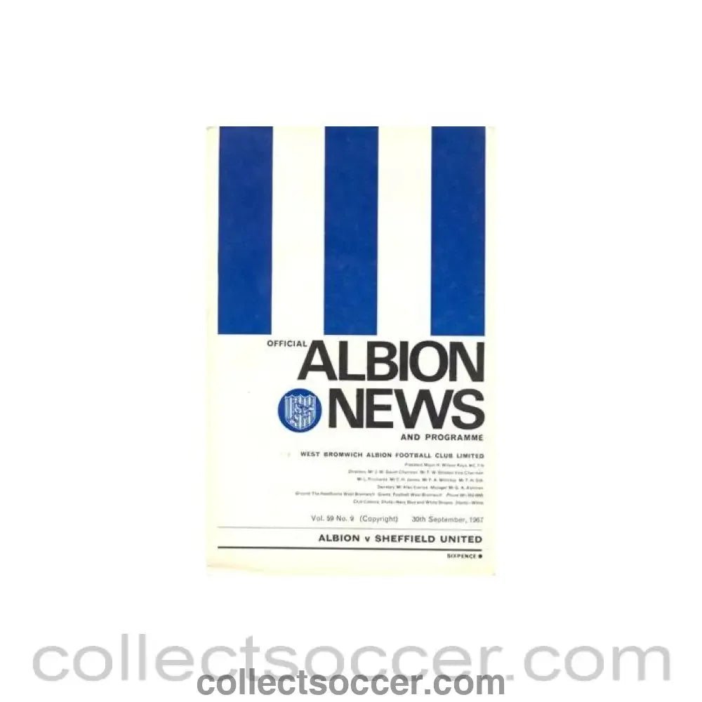 1967 - West Bromwich Albion v Sheffield United official programme 30/09/1967 Football League - Collect Soccer