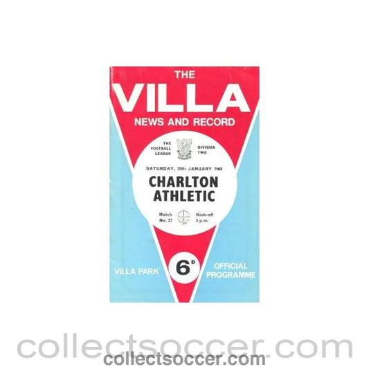1968 - Aston Villa v Charlton Athletic official programme 20/01/1968 Football League - Collect Soccer