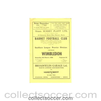 1968 - Barnet v Wimbledon Southern League Premier Division official programme 09/03/1968 - Collect Soccer