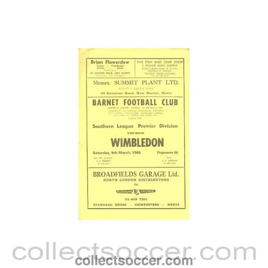 1968 - Barnet v Wimbledon Southern League Premier Division official programme 09/03/1968 - Collect Soccer