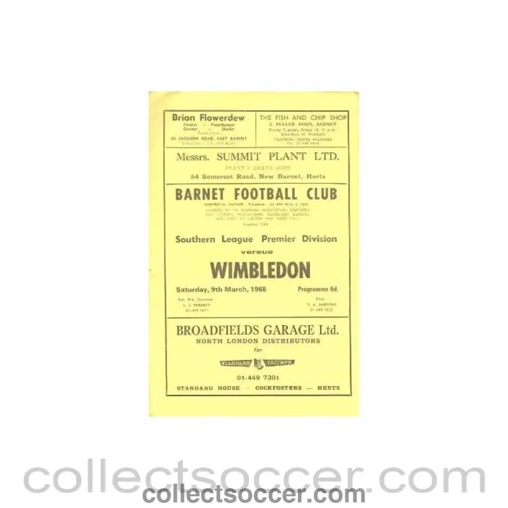 1968 - Barnet v Wimbledon Southern League Premier Division official programme 09/03/1968 - Collect Soccer