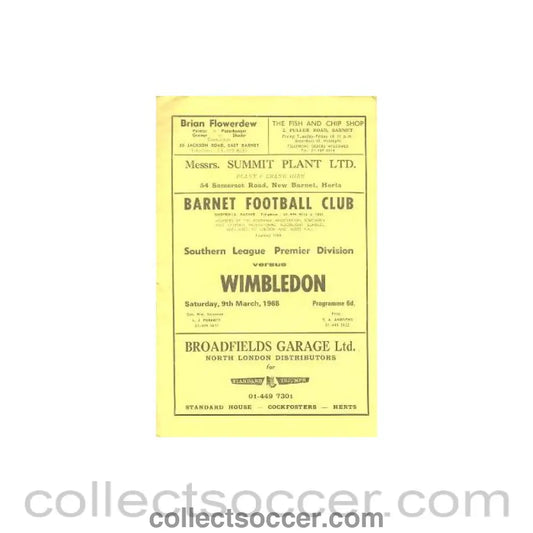 1968 - Barnet v Wimbledon Southern League Premier Division official programme 09/03/1968