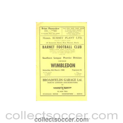 1968 - Barnet v Wimbledon Southern League Premier Division official programme 09/03/1968 - Collect Soccer