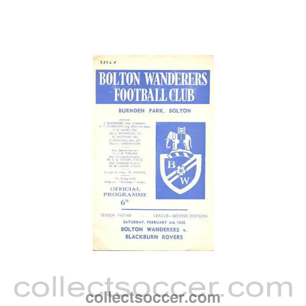 1968 - Bolton Wanderers v Blackburn Rovers official programme 03/02/1968