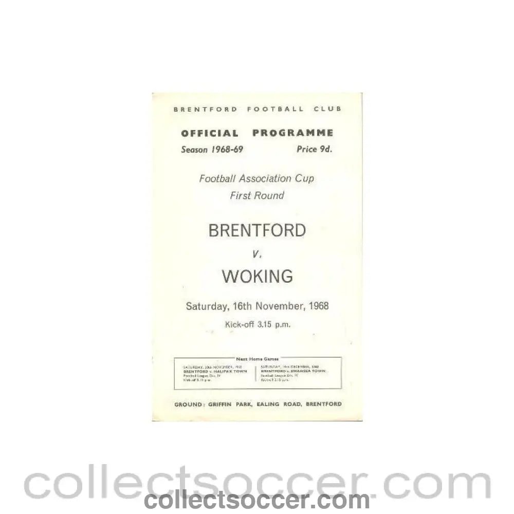 1968 - Brentford v Woking official programme 16/11/1968 F.A. Cup - Collect Soccer