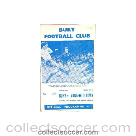 1968 - Bury v Mansfield Town official programme 10/02/1968 Football League