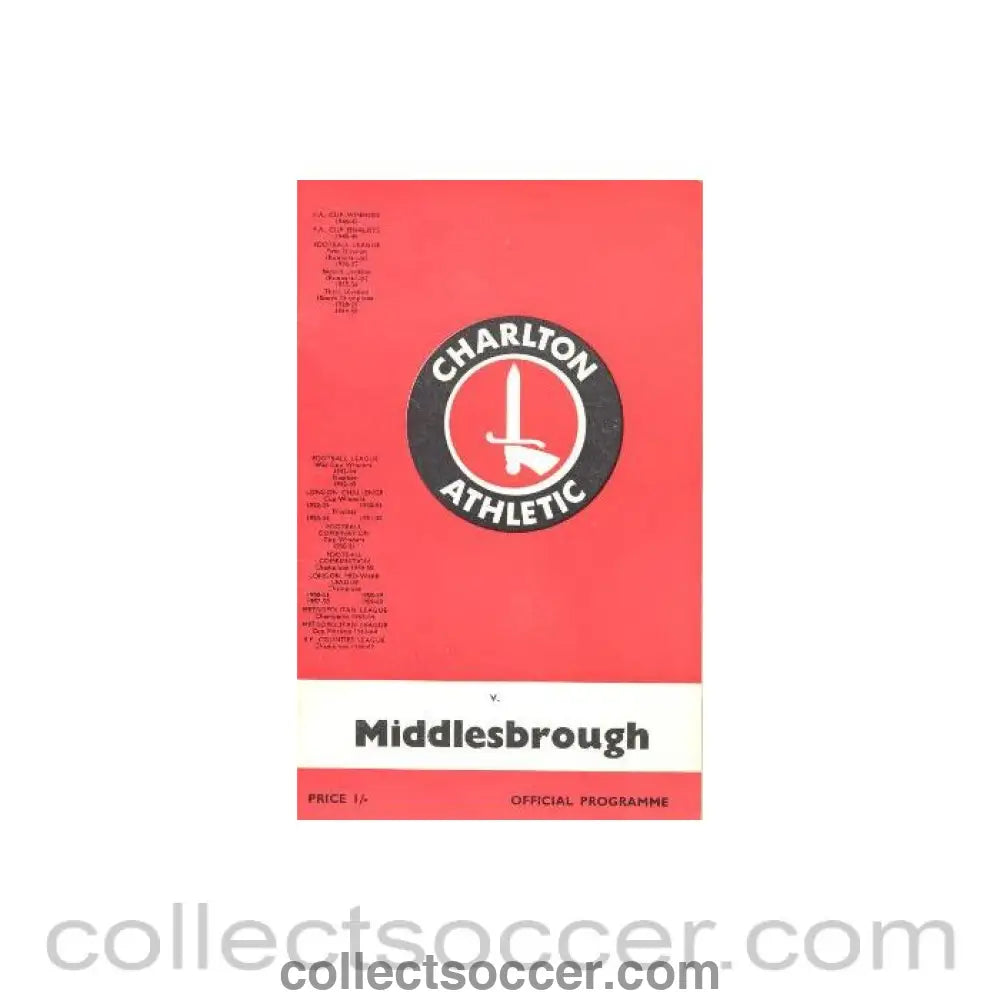 1968 - Charlton Athletic v Middlesbrough official programme 28/09/1968 Football League
