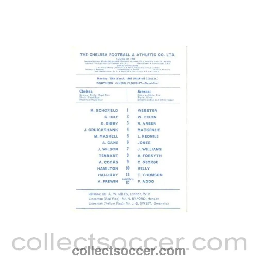 1968 - Chelsea v Arsenal official programme 25/03/1968 Southern Junior Floodlit Semi - Final - Collect Soccer