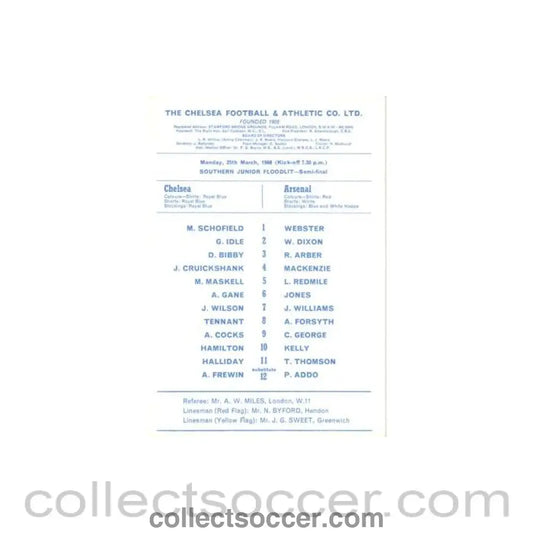 1968 - Chelsea v Arsenal official programme 25/03/1968 Southern Junior Floodlit Semi - Final - Collect Soccer