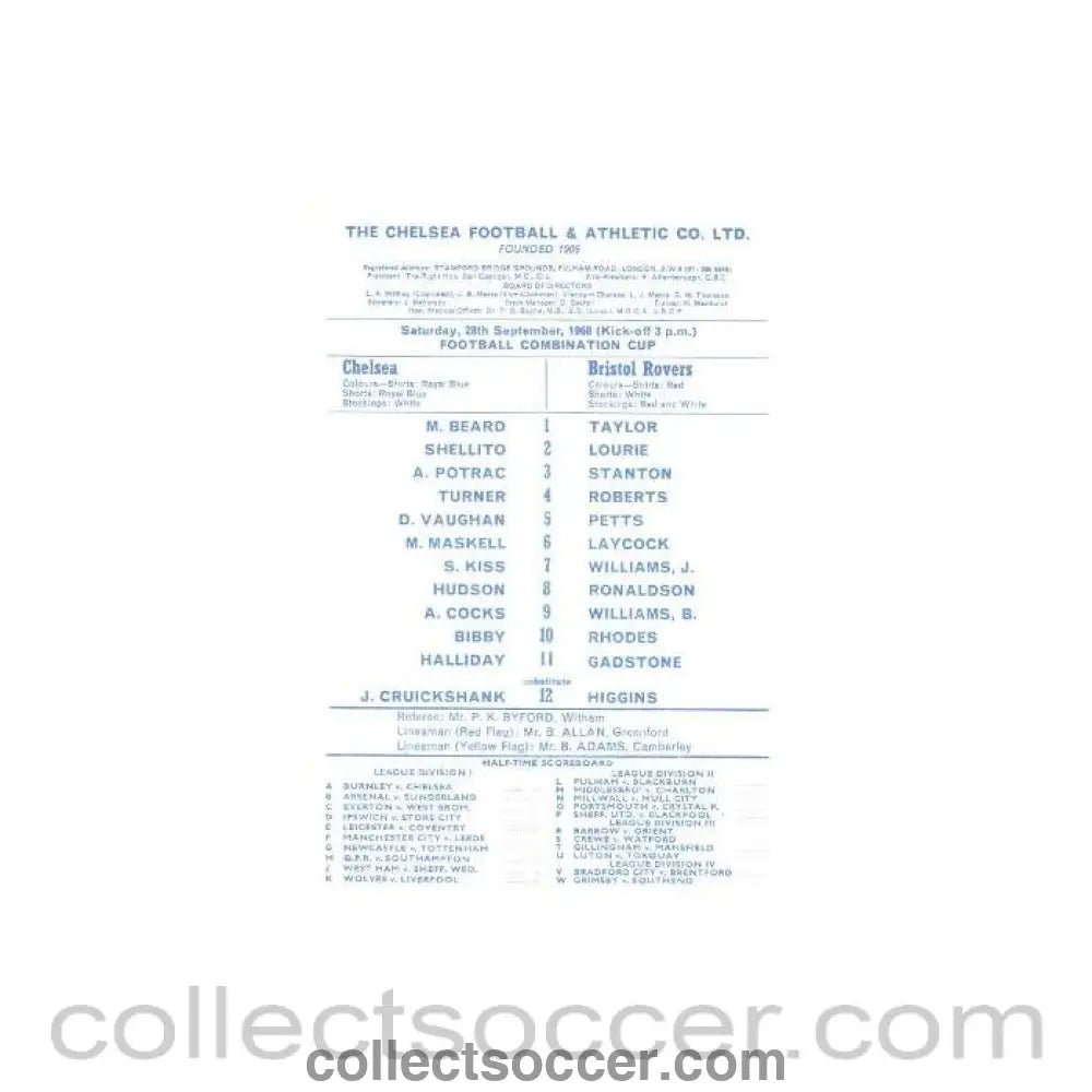 1968 - Chelsea v Bristol Rovers official programme 28/09/1968 Reserves - Collect Soccer