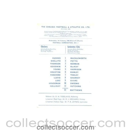1968 - Chelsea v Leicester City official programme 07/02/1968 Reserves