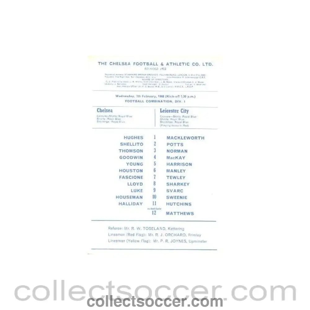 1968 - Chelsea v Leicester City official programme 07/02/1968 Reserves - Collect Soccer