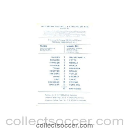 1968 - Chelsea v Leicester City official programme 07/02/1968 Reserves - Collect Soccer