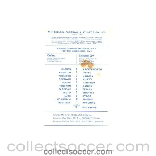 1968 - Chelsea v Leicester City official programme 07/02/1968 Reserves reduced price