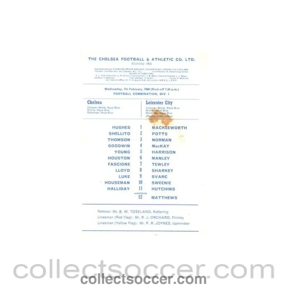 1968 - Chelsea v Leicester City official programme 07/02/1968 Reserves, reduced price - Collect Soccer