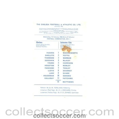 1968 - Chelsea v Leicester City official programme 07/02/1968 Reserves, reduced price - Collect Soccer
