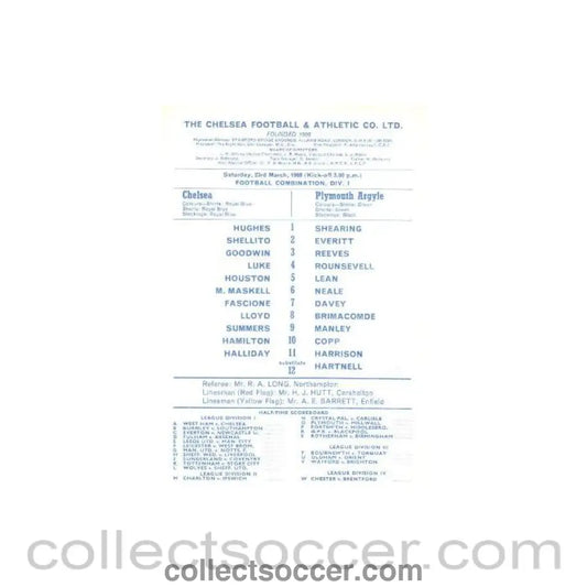 1968 - Chelsea v Plymouth Argyle official programme 23/03/1968 Reserves