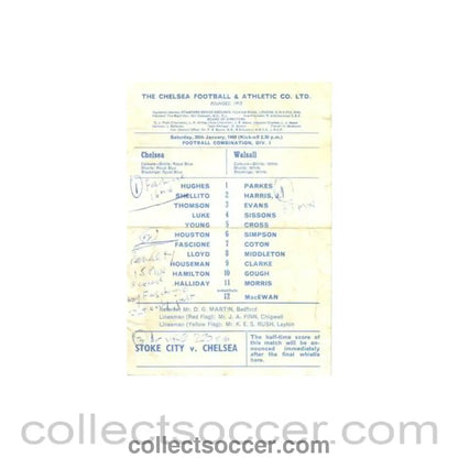 1968 - Chelsea v Walsall Reserves official programme 20/01/1968 Football Combination