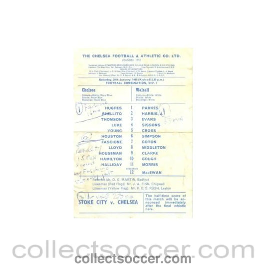 1968 - Chelsea v Walsall Reserves official programme 20/01/1968 Football Combination