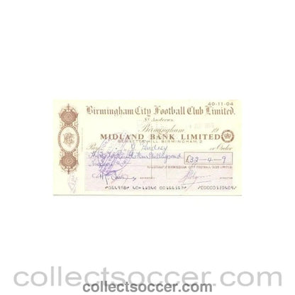 1968 - Cheque of Birmingham City F.C. payable to G. Pendrey - Professional Football Player of 04/07/1968 - Collect Soccer