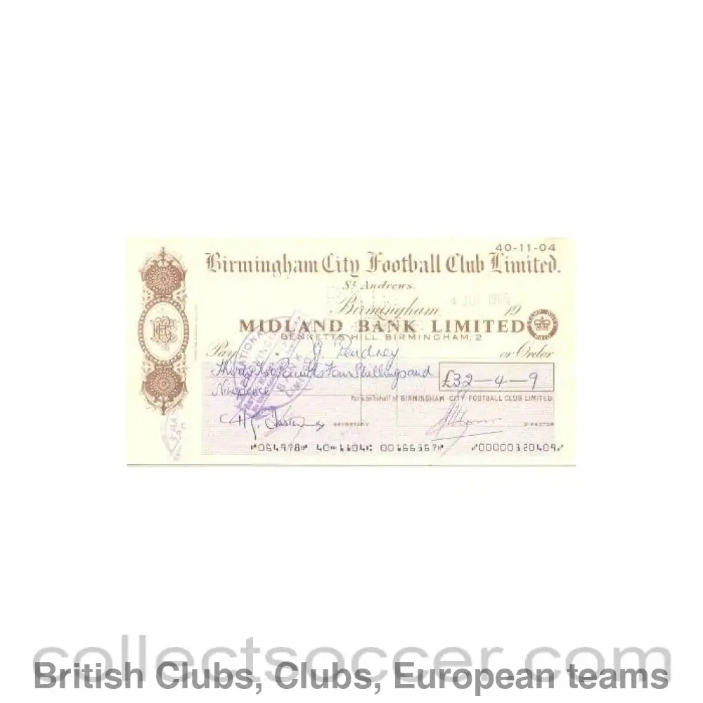 1968 - Cheque of Birmingham City F.C. payable to G. Pendrey - Professional Football Player of 04/07/1968