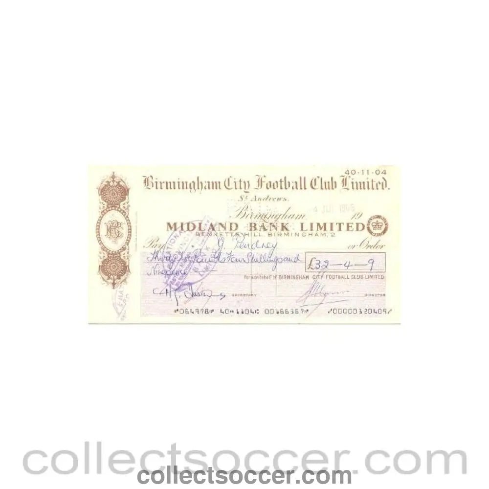 1968 - Cheque of Birmingham City F.C. payable to G. Pendrey - Professional Football Player of 04/07/1968 - Collect Soccer