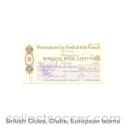 1968 - Cheque of Birmingham City F.C. payable to G. Pendrey - Professional Football Player of 04/07/1968