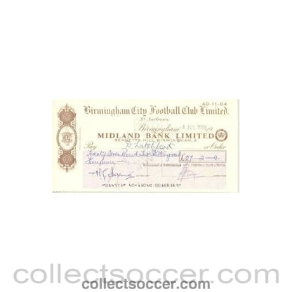 1968 - Cheque of Birmingham City F.C. payable to Robert Dennis Latchford - Professional Football Player of 04/07/1968 - Collect Soccer