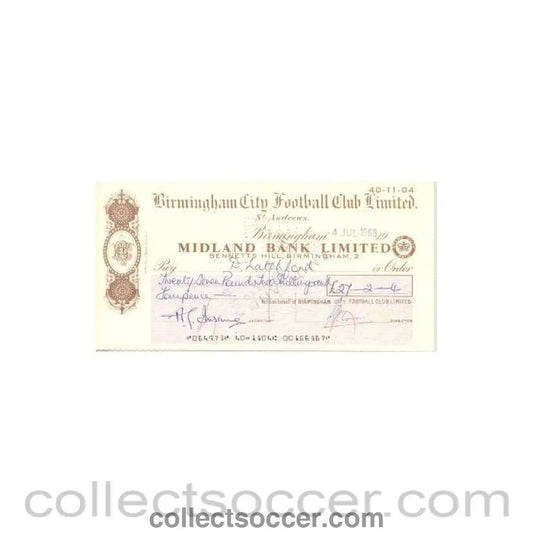 1968 - Cheque of Birmingham City F.C. payable to Robert Dennis Latchford - Professional Football Player of 04/07/1968 - Collect Soccer