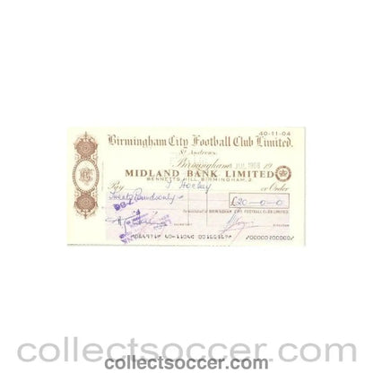 1968 - Cheque of Birmingham City F.C. payable to Trevor Hockey - Professional Football Player of 04/07/1968 - Collect Soccer