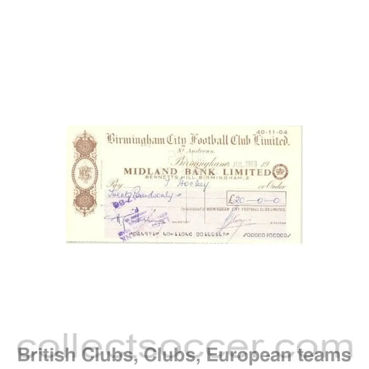 1968 - Cheque of Birmingham City F.C. payable to Trevor Hockey - Professional Football Player of 04/07/1968