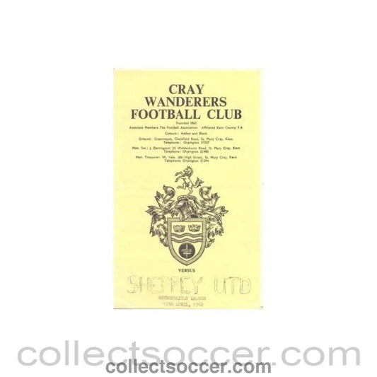 1968 - Cray Wanderers v Sheppey United official programme 12/04/1968 Metropolitan League - Collect Soccer