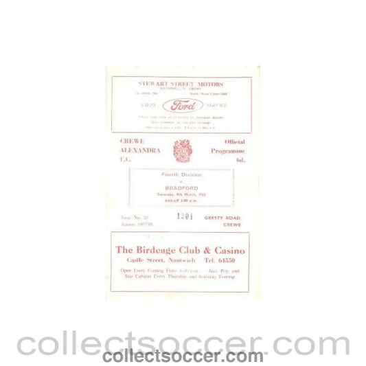 1968 - Crewe Alexandra v Bradford official programme 09/03/1968 Football League - Collect Soccer