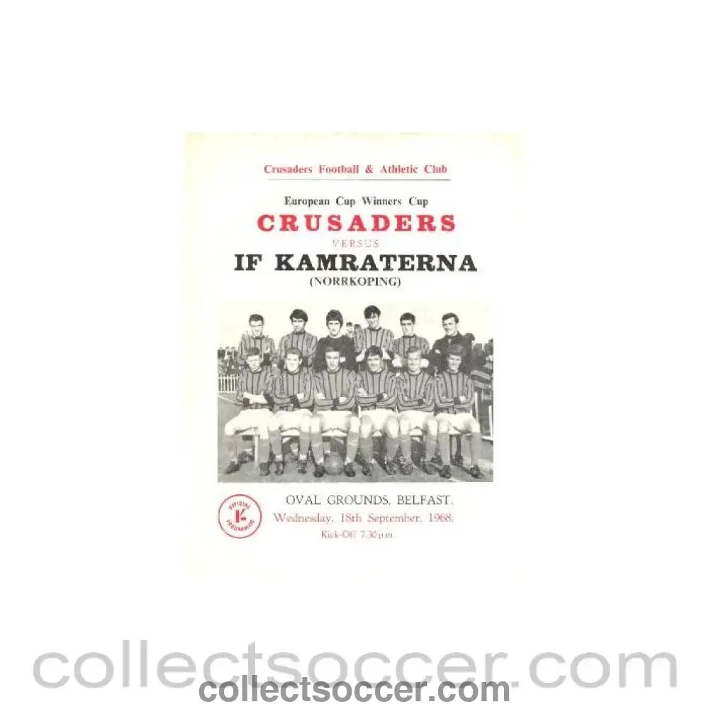 1968 - Crusaders, Nortern Ireland v IF Kamraterna official programme 18/09/1968 - Collect Soccer