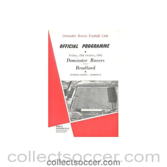 1968 - Doncaster Rovers v Bradford official programme 18/10/1968 Football League - Collect Soccer