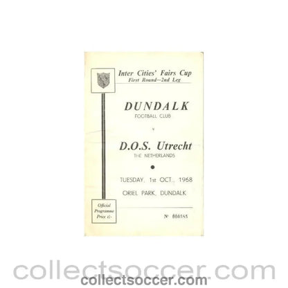 1968 - Dundalk v Utrecht, Netherlands official programme 01/10/1968 - Collect Soccer