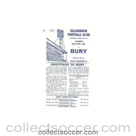 1968 - Gillingham v Bury official programme 30/03/1968 - Collect Soccer