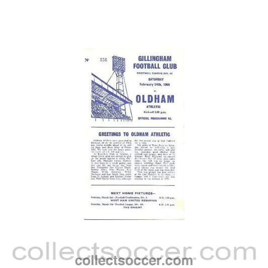 1968 - Gillingham v Oldham official programme 24/02/1968 - Collect Soccer