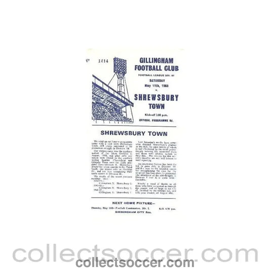1968 - Gillingham v Shrewsbury Town official programme 11/05/1968 - Collect Soccer
