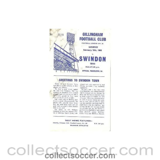 1968 - Gillingham v Swindon official programme 10/02/1968 - Collect Soccer