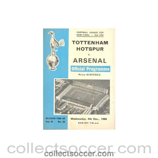 1968 League Cup Semi - Final 2nd Leg Tottenham Hotspur v Arsenal official programme 04/12/1968 - Collect Soccer