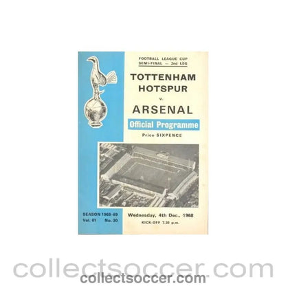 1968 League Cup Semi - Final 2nd Leg Tottenham Hotspur v Arsenal official programme 04/12/1968 - Collect Soccer