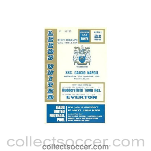 1968 - Leeds United v Calcio Napoli official programme 13/11/1968 - Collect Soccer