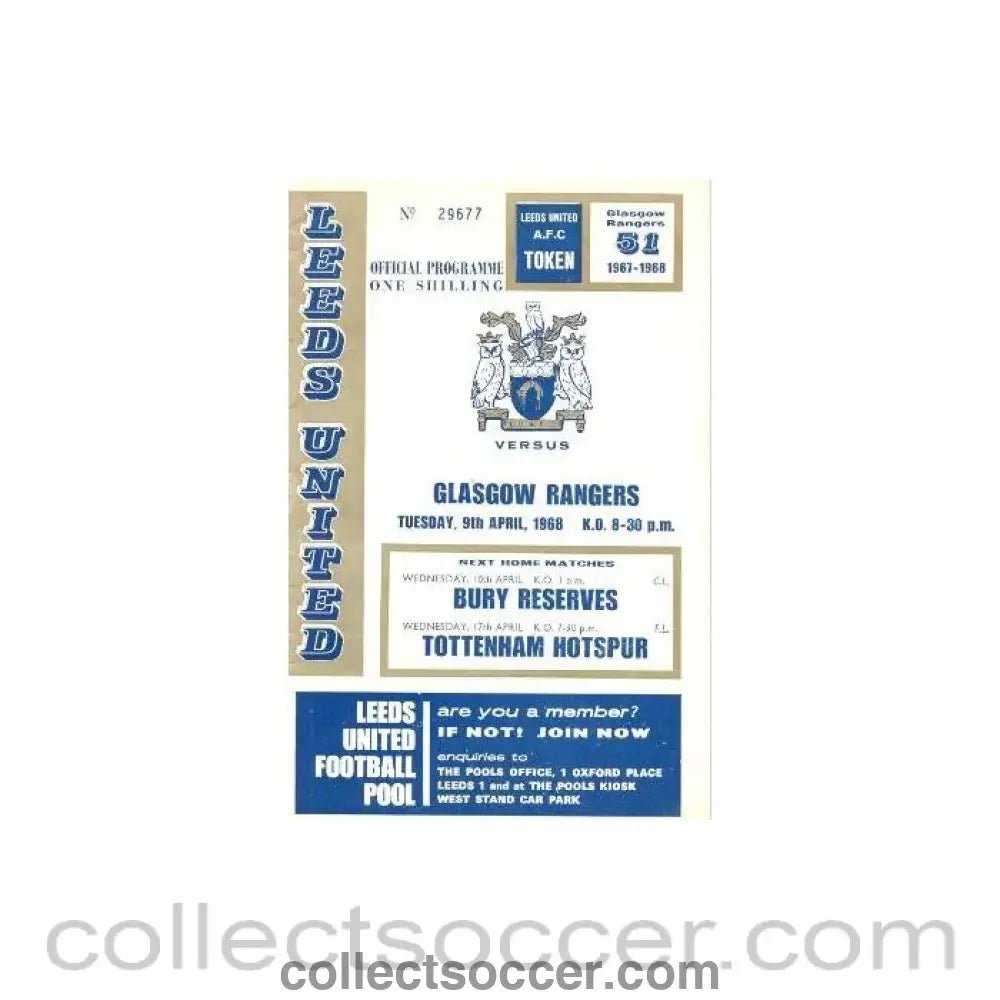 1968 - Leeds United v Glasgow Rangers official programme 09/04/1968 - Collect Soccer