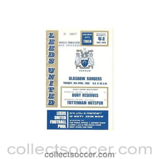 1968 - Leeds United v Glasgow Rangers official programme 09/04/1968 - Collect Soccer