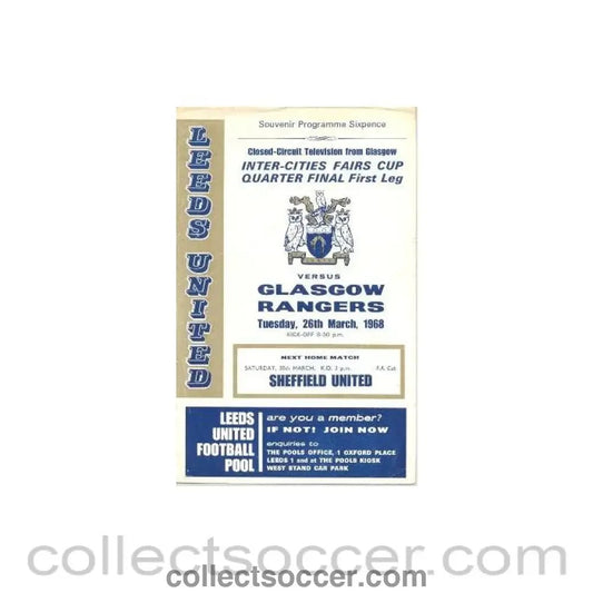 1968 - Leeds United v Glasgow Rangers official programme 26/03/1968 - Collect Soccer