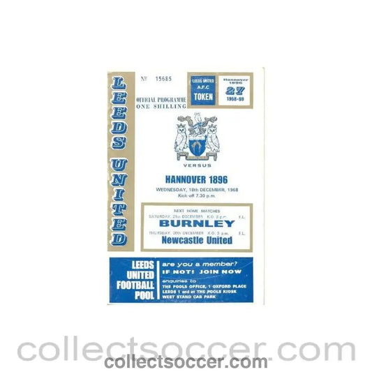 1968 - Leeds United v Hannover 1896 official programme 18/12/1968 - Collect Soccer